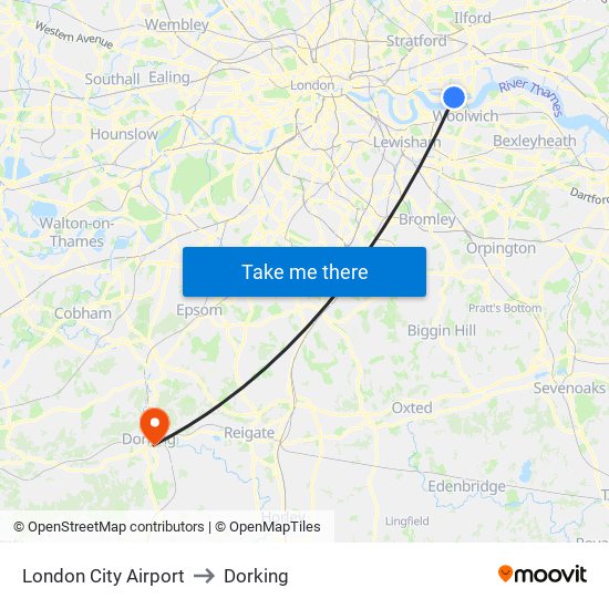 London City Airport to Dorking map