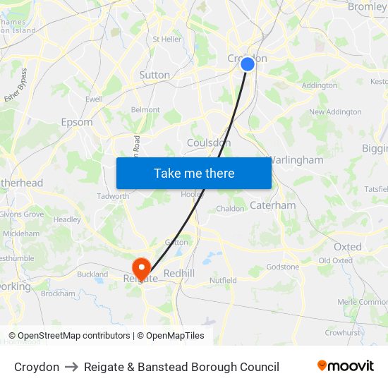 Croydon to Reigate & Banstead Borough Council map
