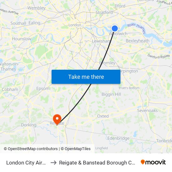 London City Airport to Reigate & Banstead Borough Council map