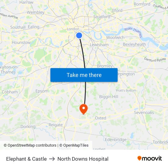Elephant & Castle to North Downs Hospital map