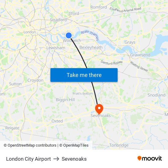 London City Airport to Sevenoaks map