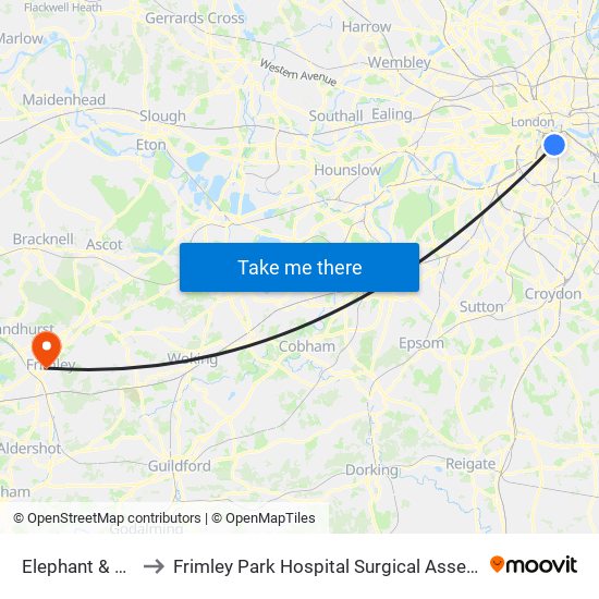 Elephant & Castle to Frimley Park Hospital Surgical Assessment Unit map