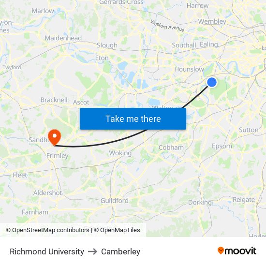 Richmond University to Camberley map
