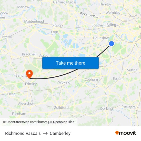 Richmond Rascals to Camberley map