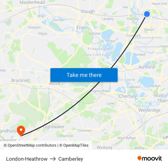 London-Heathrow to Camberley map