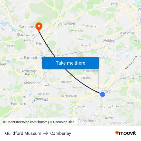 Guildford Museum to Camberley map