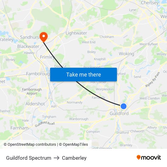 Guildford Spectrum to Camberley map