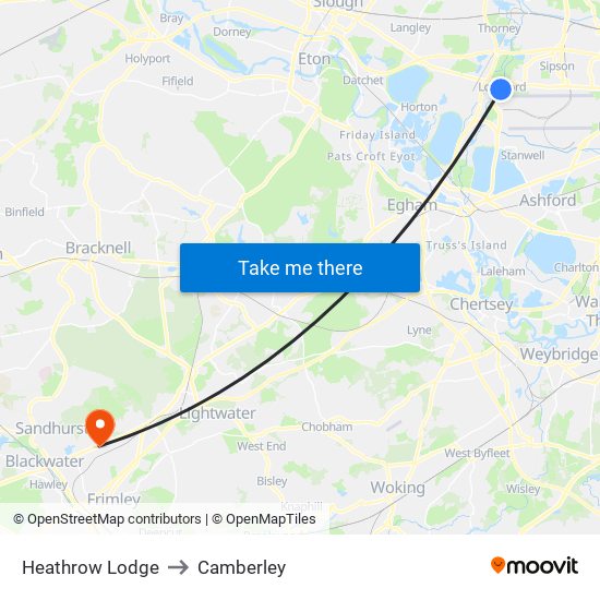Heathrow Lodge to Camberley map