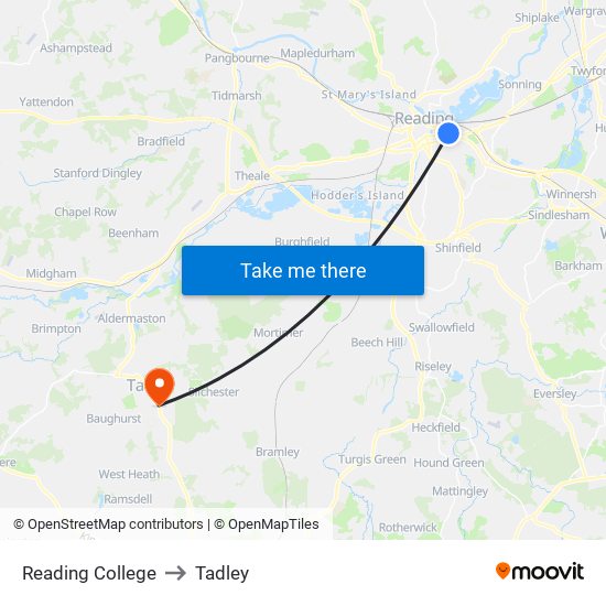 Reading College to Tadley map