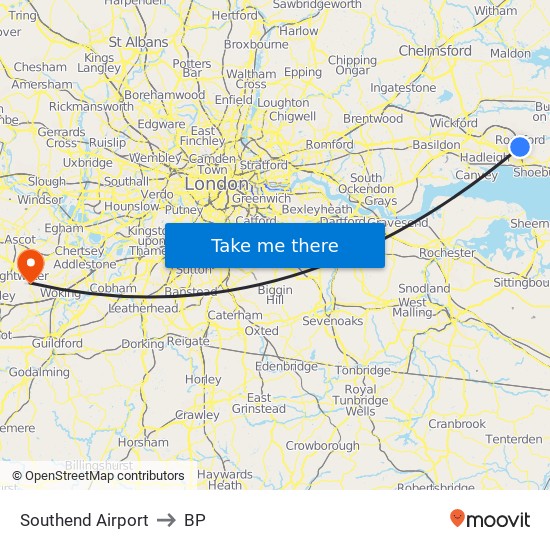 Southend Airport to BP map