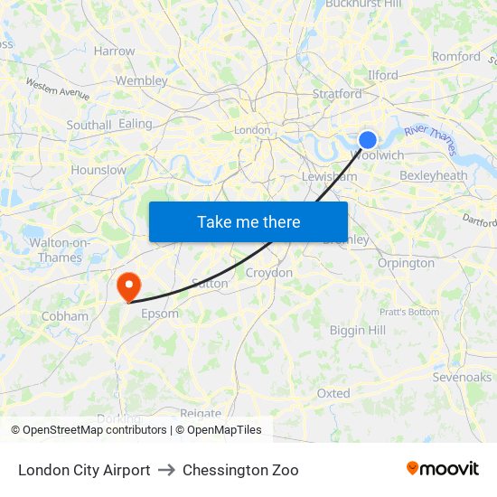 London City Airport to Chessington Zoo map