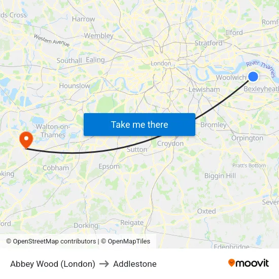 Abbey Wood (London) to Addlestone map