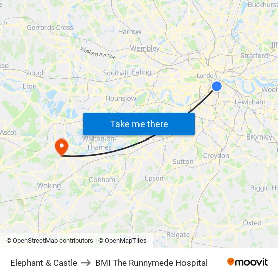 Elephant & Castle to BMI The Runnymede Hospital map