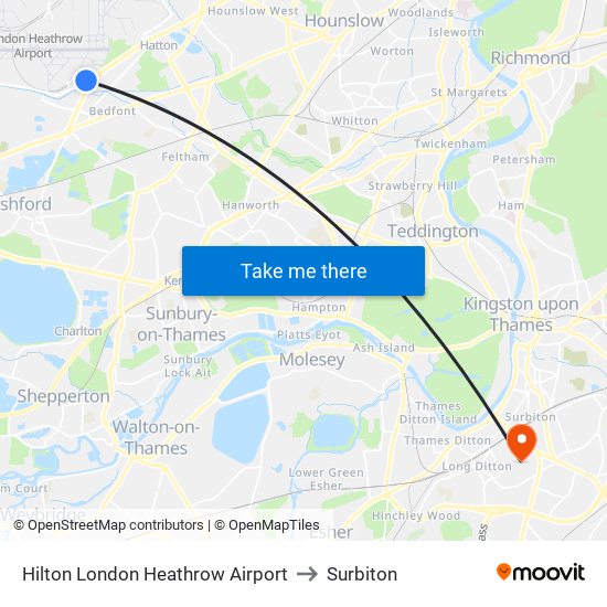 Hilton London Heathrow Airport to Surbiton map