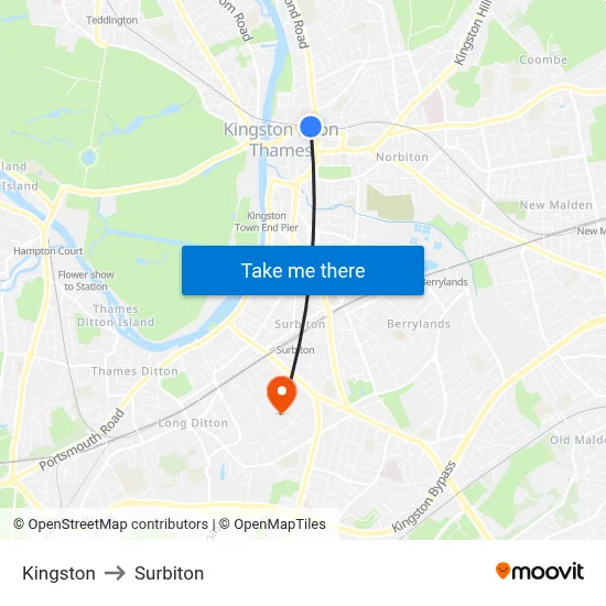 Kingston to Surbiton map