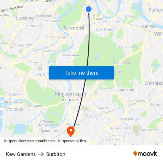 Kew Gardens to Surbiton map