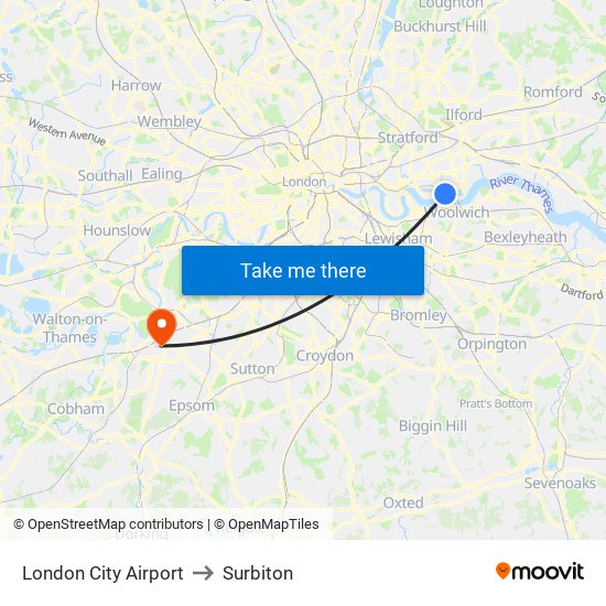 London City Airport to Surbiton map