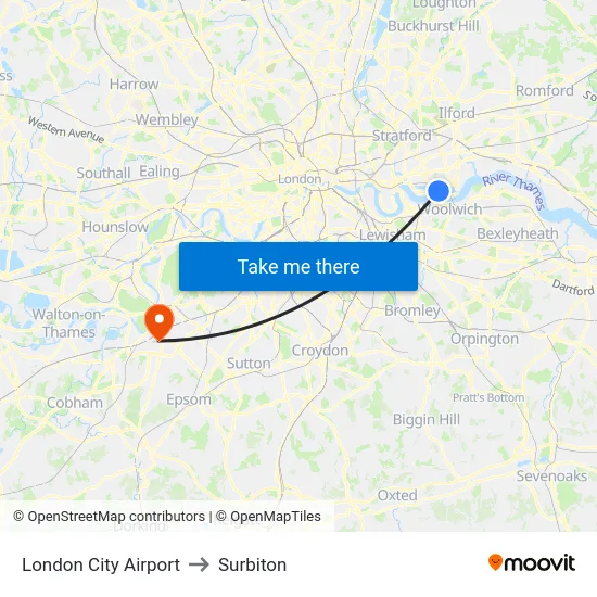 London City Airport to Surbiton map