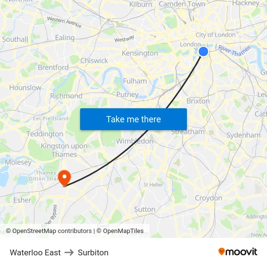 Waterloo East to Surbiton map