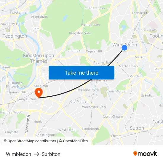Wimbledon to Surbiton map