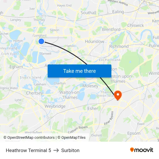 Heathrow Terminal 5 to Surbiton map