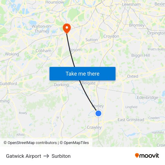 Gatwick Airport to Surbiton map