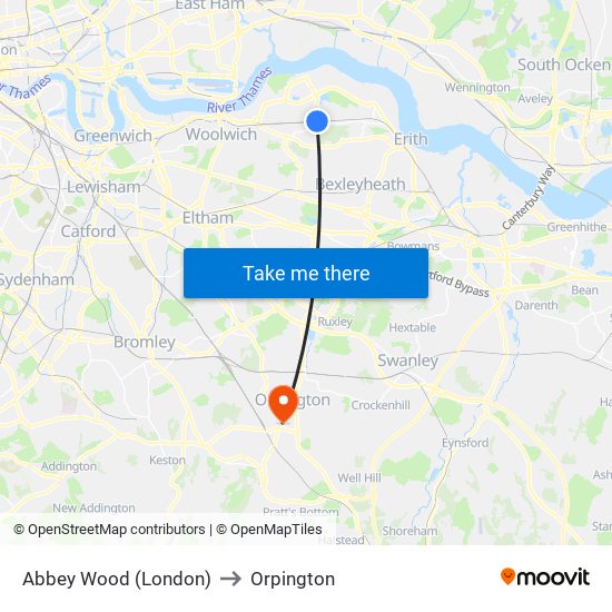 Abbey Wood (London) to Orpington map