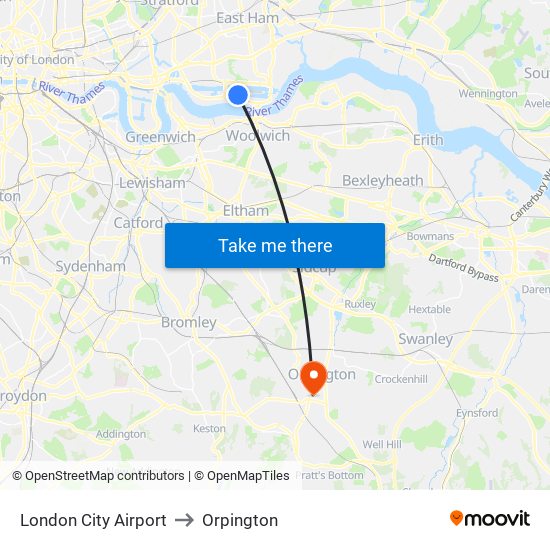 London City Airport to Orpington map