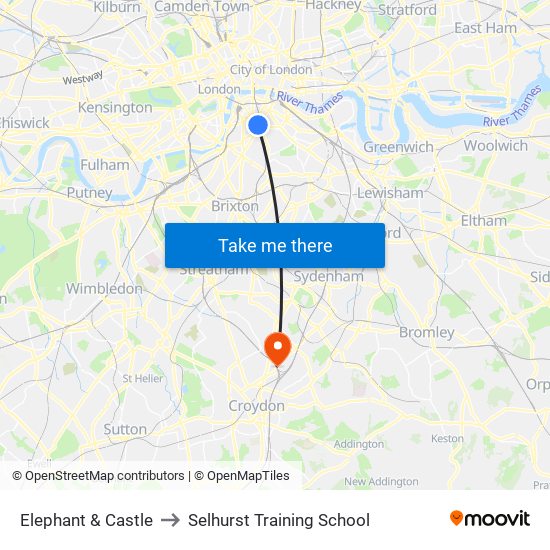 Elephant & Castle to Selhurst Training School map