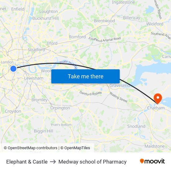 Elephant & Castle to Medway school of Pharmacy map