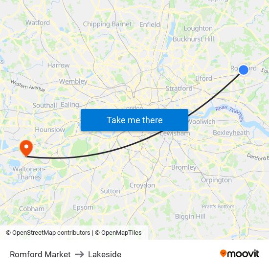 Romford Market to Lakeside map