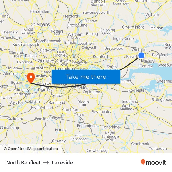 North Benfleet to Lakeside map