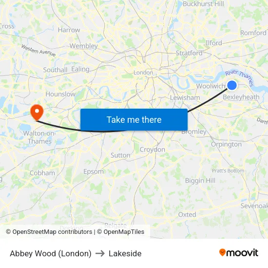 Abbey Wood (London) to Lakeside map