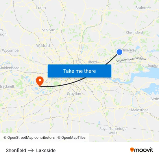 Shenfield to Lakeside map