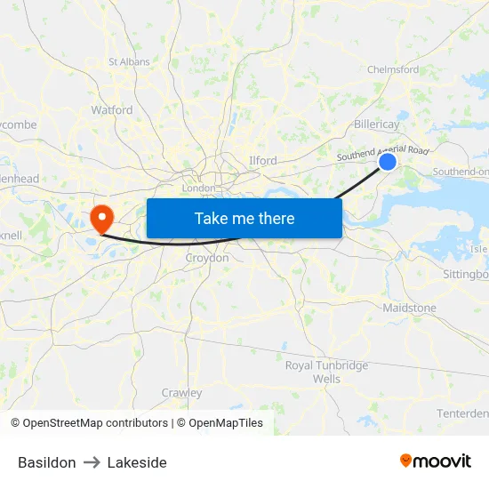 Basildon to Lakeside map