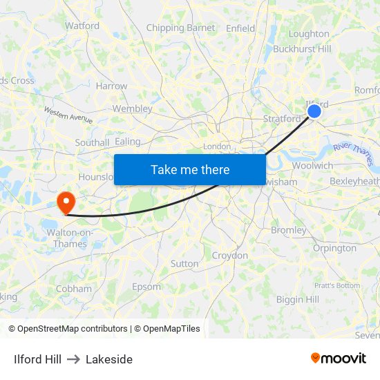 Ilford Hill to Lakeside map