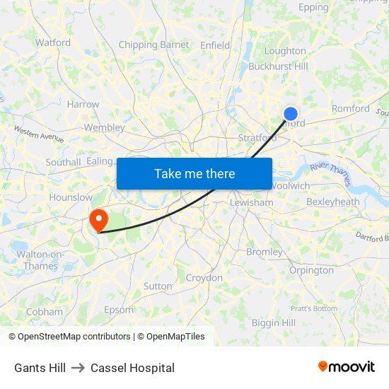 Gants Hill to Cassel Hospital map