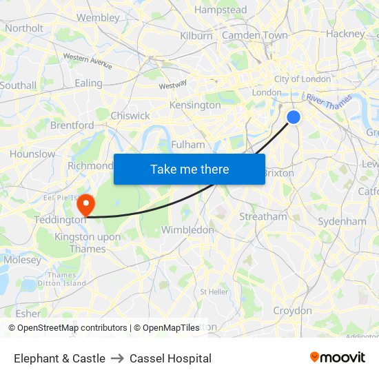 Elephant & Castle to Cassel Hospital map