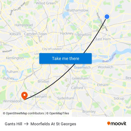 Gants Hill to Moorfields At St Georges map