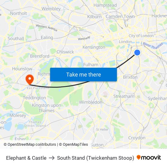 Elephant & Castle to South Stand (Twickenham Stoop) map