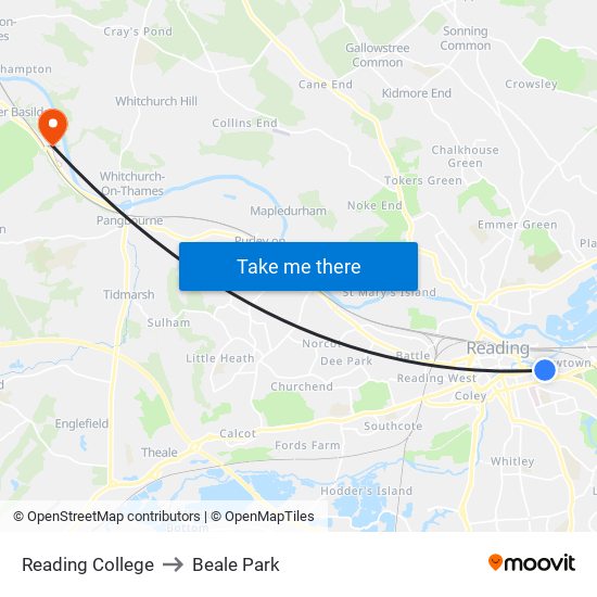 Reading College to Beale Park map
