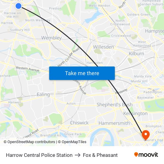 Harrow Central Police Station to Fox & Pheasant map