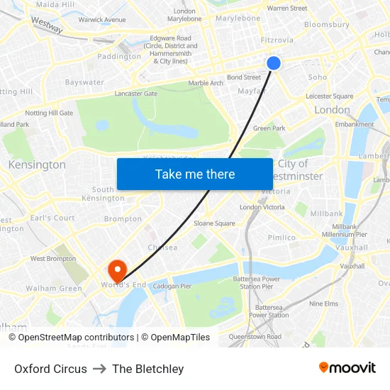 Oxford Circus to The Bletchley map