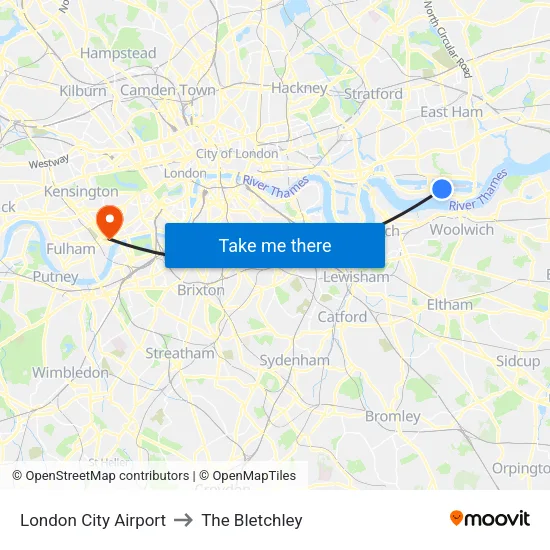 London City Airport to The Bletchley map