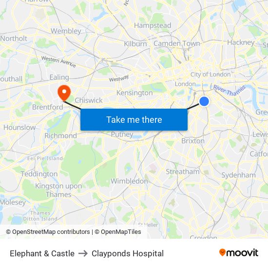 Elephant & Castle to Clayponds Hospital map