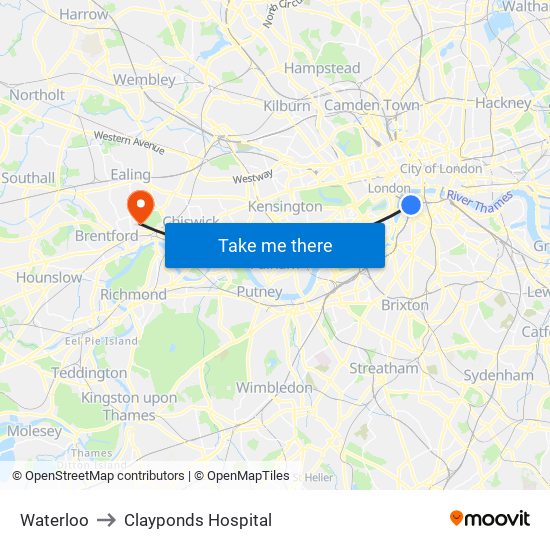 Waterloo to Clayponds Hospital map