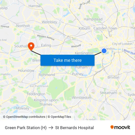 Green Park Station (H) to St Bernards Hospital map