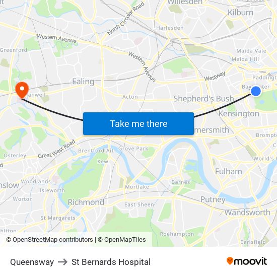 Queensway to St Bernards Hospital map