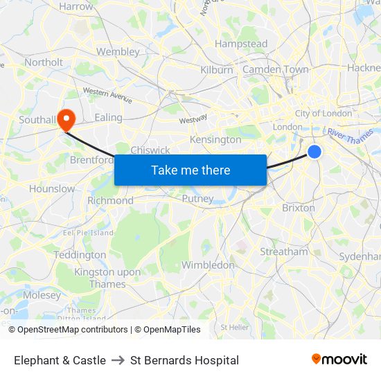 Elephant & Castle to St Bernards Hospital map
