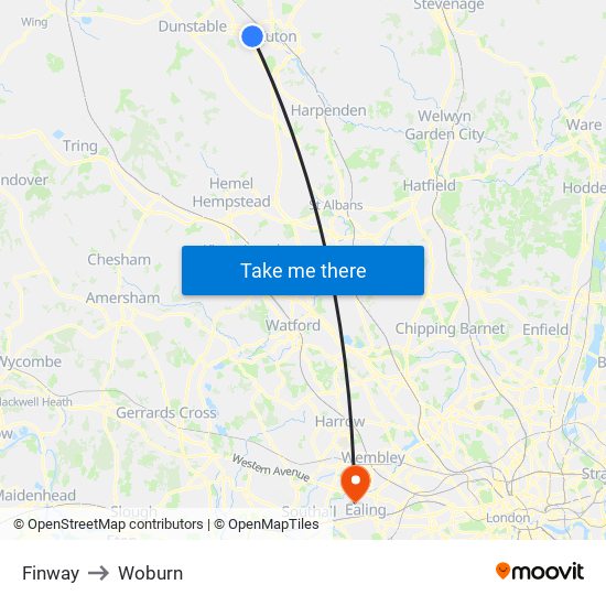 Finway to Woburn map